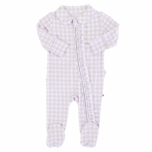 Peter Pan Collar Ruffle Zipper Footie, Lilac Gingham