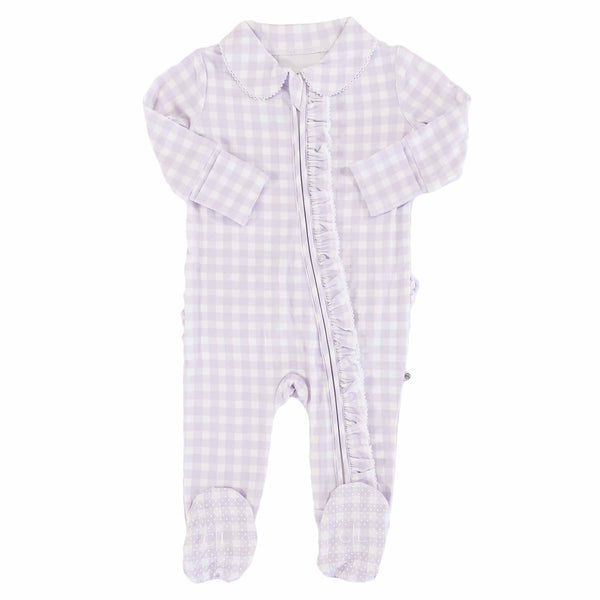 Peter Pan Collar Ruffle Zipper Footie, Lilac Gingham
