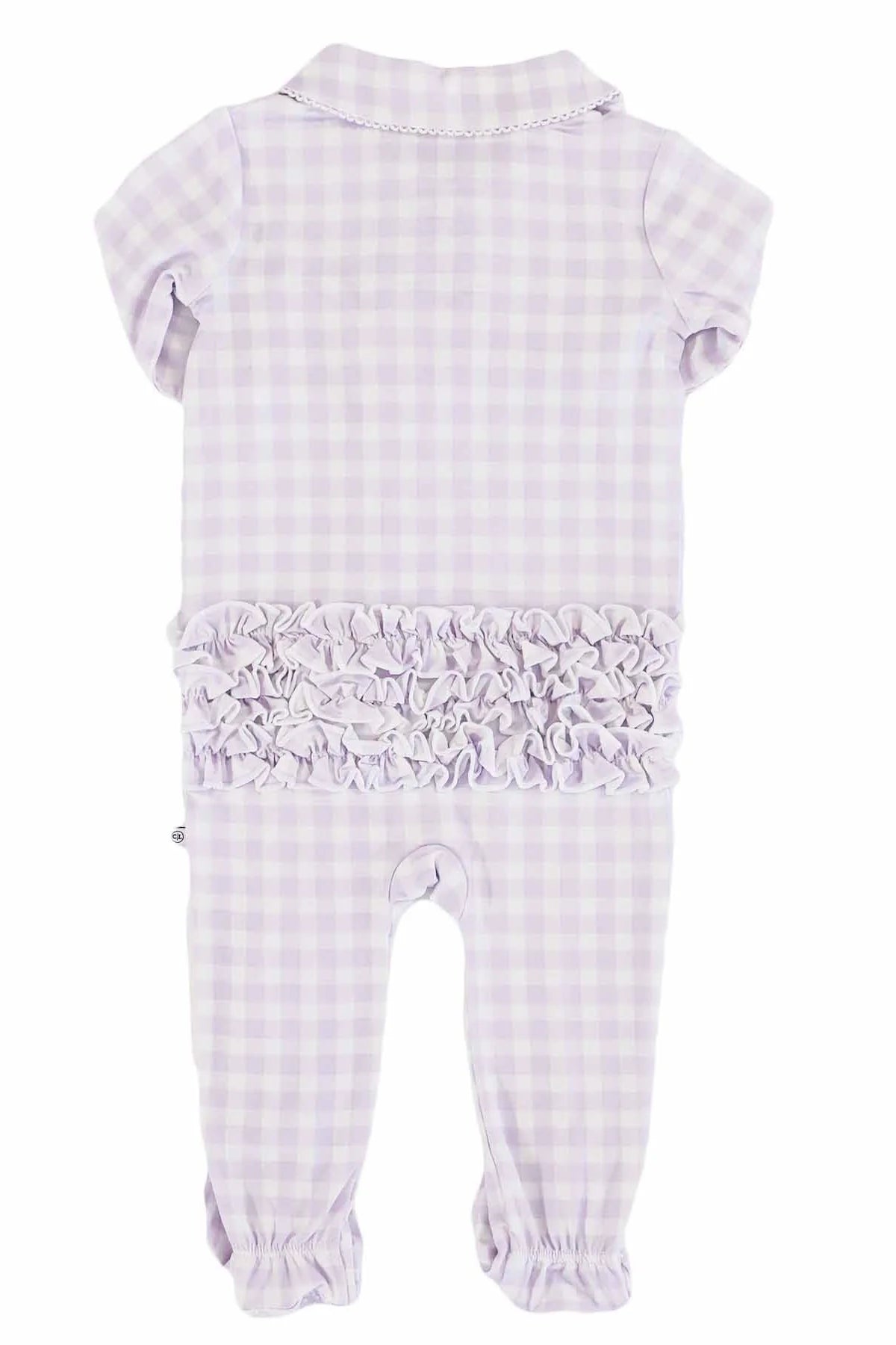 Peter Pan Collar Ruffle Zipper Footie, Lilac Gingham