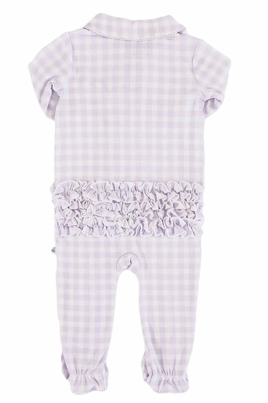 Peter Pan Collar Ruffle Zipper Footie, Lilac Gingham