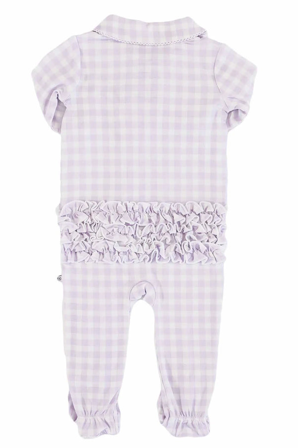 Peter Pan Collar Ruffle Zipper Footie, Lilac Gingham