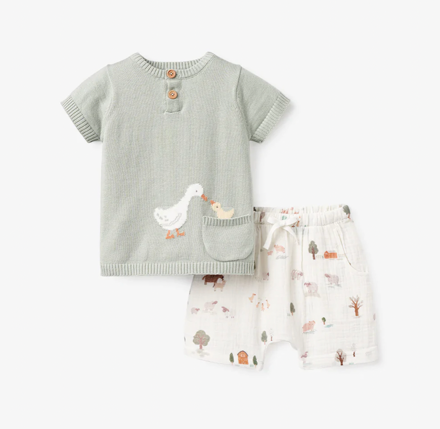 On The Farm Knit Henley Top & Printed Muslin Shorts - Magpies Paducah