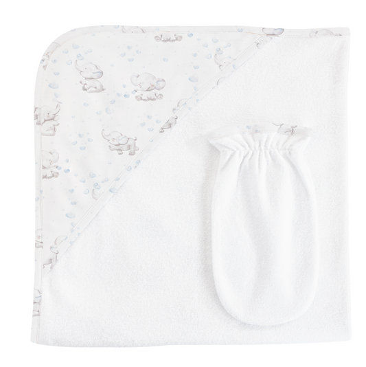 Bubbly Elephant Hooded Towel with Mitt, Blue - Magpies Paducah